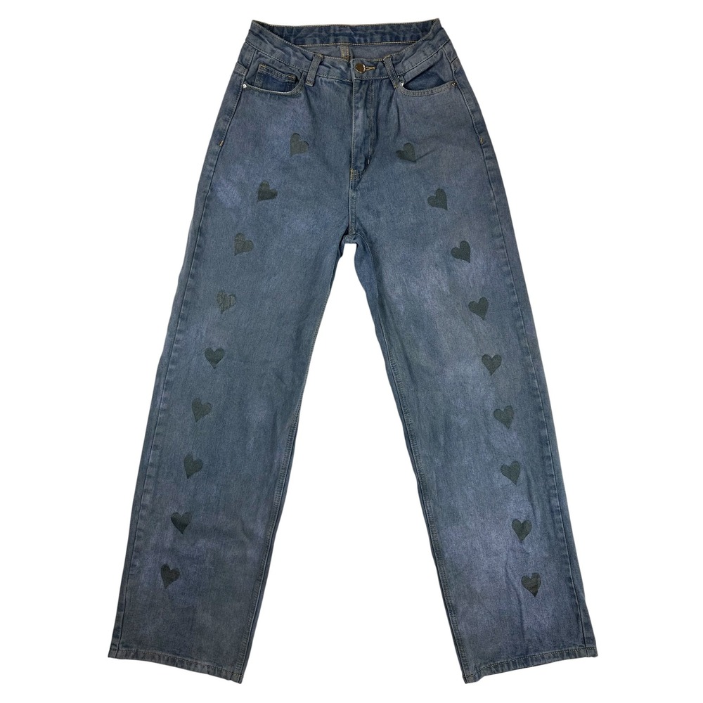 SHEIN Women Heart Print Acid Wash High Waisted Baggy Wide Leg Jeans Small